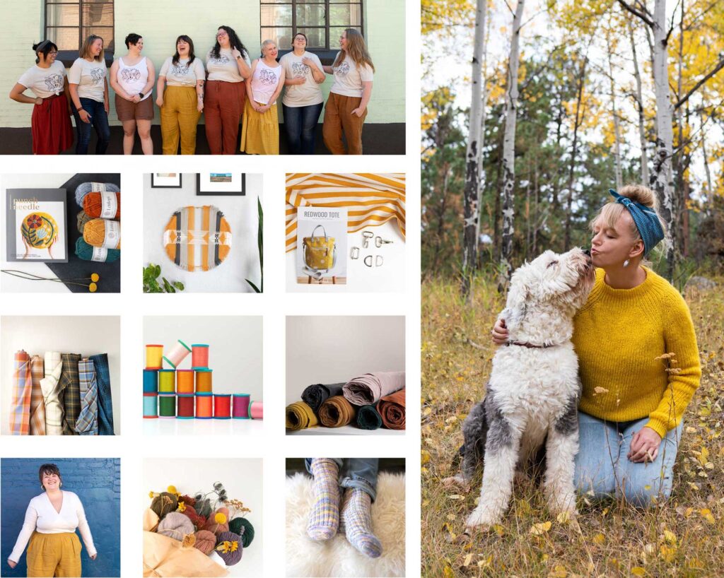 Fancy Tiger photo grid showing a variety of products and people imagery, next to a photo of one of the company founders with her pup in the Aspens.
