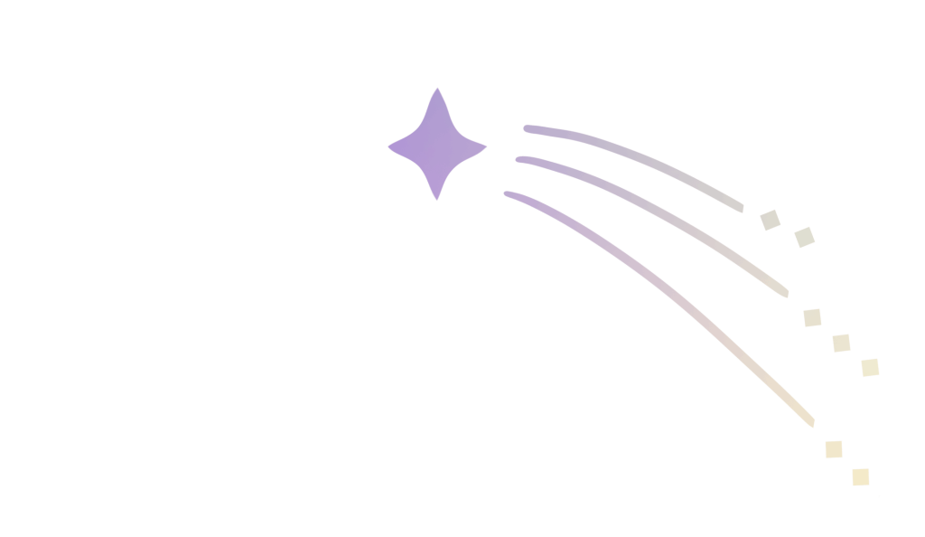 Shooting star brand symbol in purple and yellow.