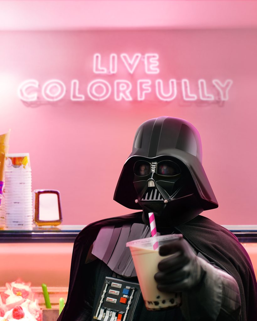"Sith Happens" fan art featuring Darth Vader drinking boba.