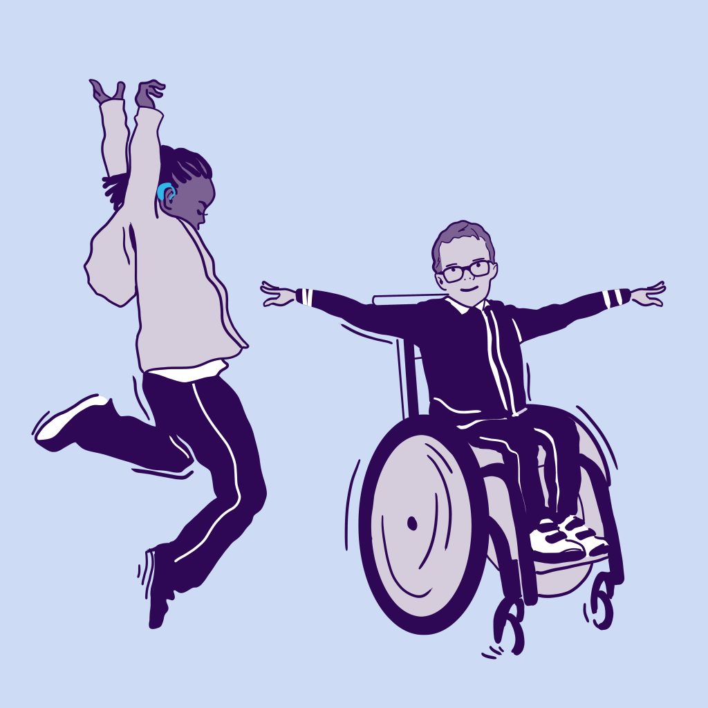 Illustration of Feel the Beat dancers, one with hearing aids and one in a wheelchair.