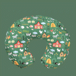 Green Farm Boppy Pillow, showing the pillow on a green background with animated farm animals popping out.