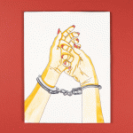 GIF of portfolio piece by Mary Jo Lasky featuring a drawing of cuffed hands with layered transparencies.