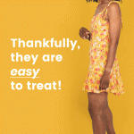 Metro Vein Center gif, showing a woman in a yellow flower dress showing off her legs. Text reads "Thankfully they are easy to treat".