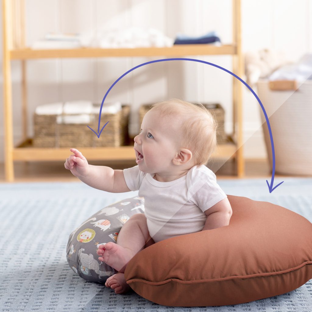 Baby sitting up on Boppy Pillow, showing a split screen of the before and after composite.