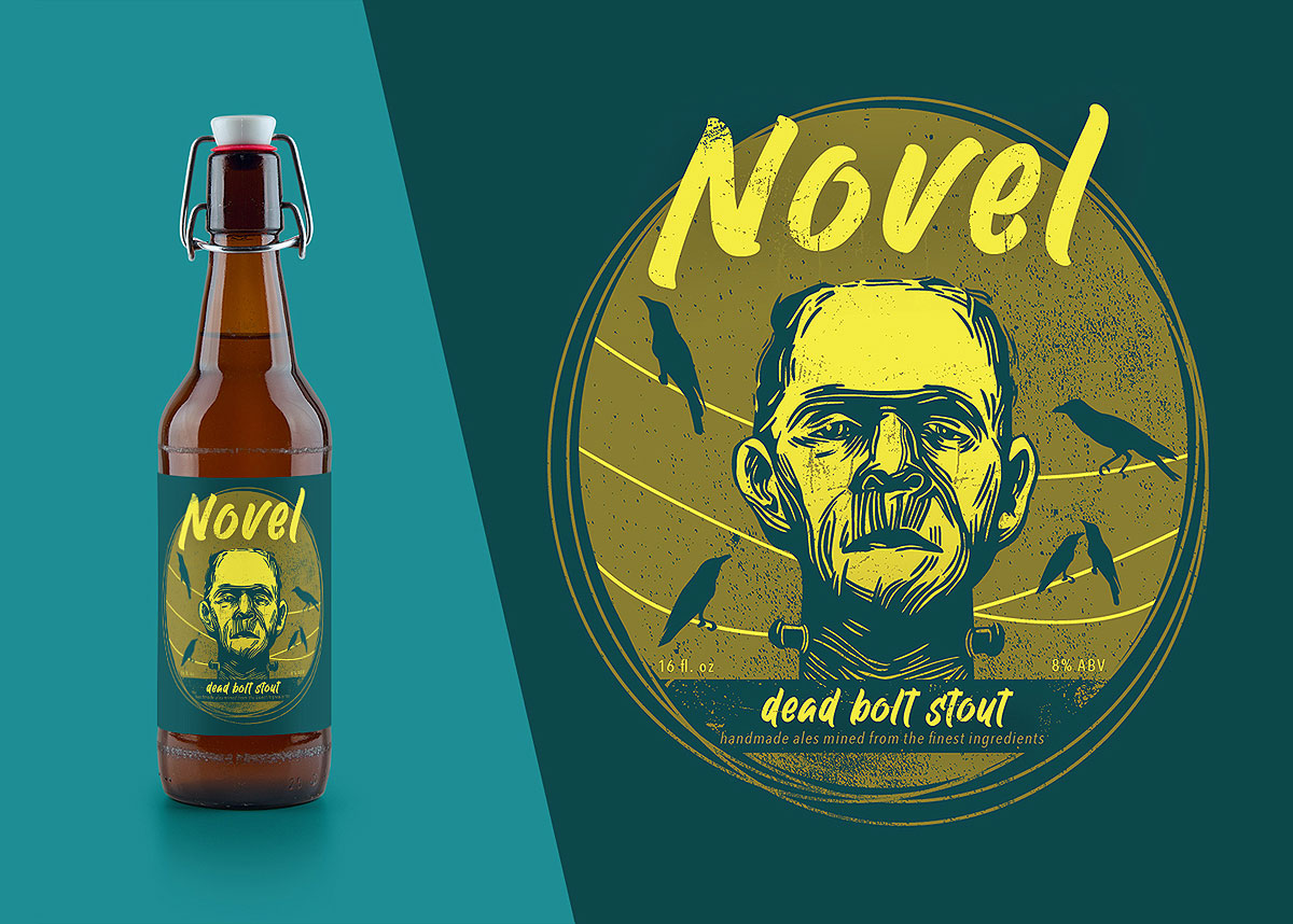 Graphic Design for label of Dead Bolt Stout with an illustration of Frankenstein.