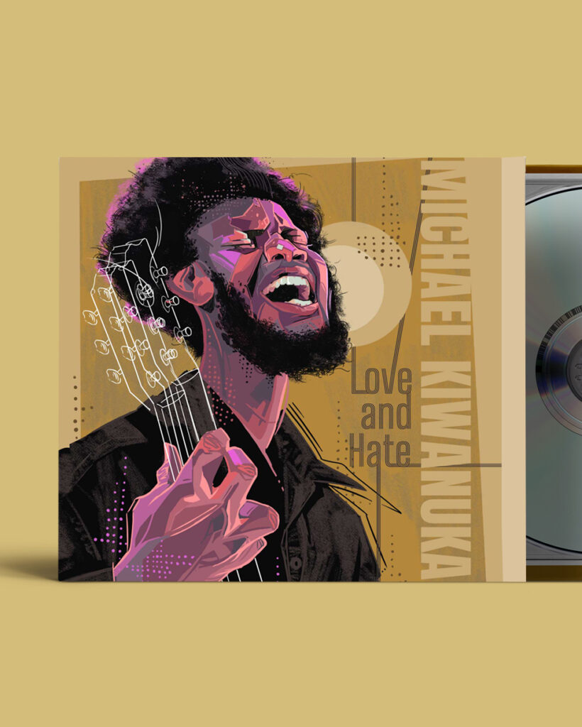 Michael Kiwanuka album fan art, featuring him in an illustrated graphic singing and playing guitar.