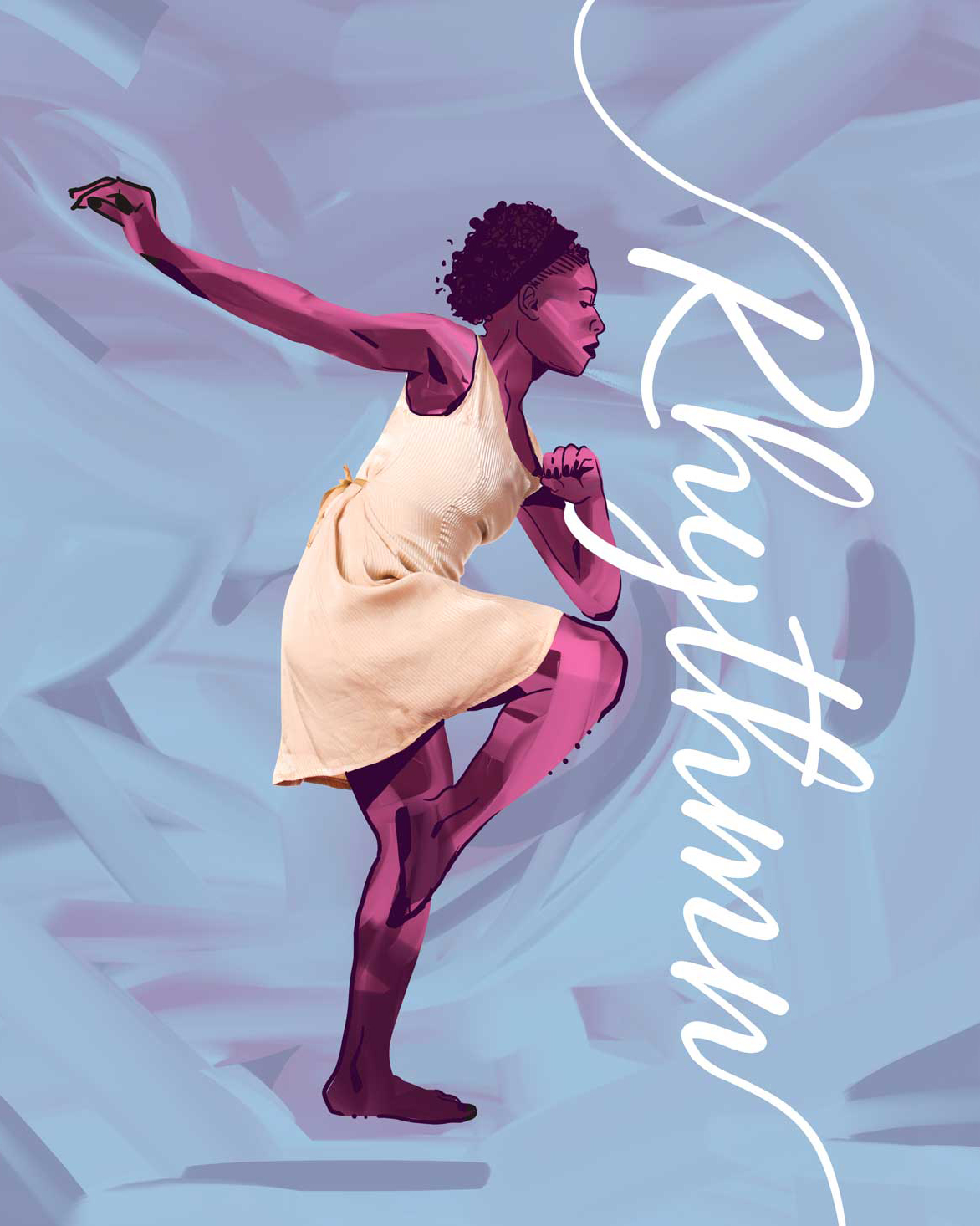 Dance poster painting of woman in beige dress dancing with "Rythmn" written in script font.