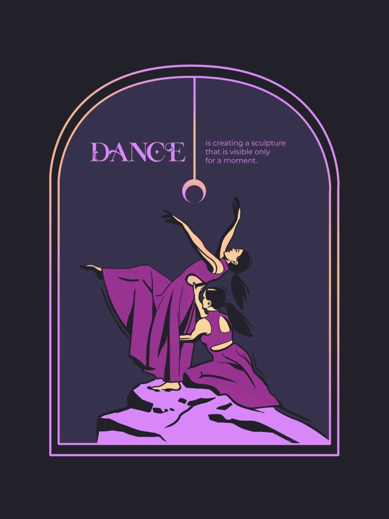 Illustration of dancers holding each other on a cliff for dance posters.