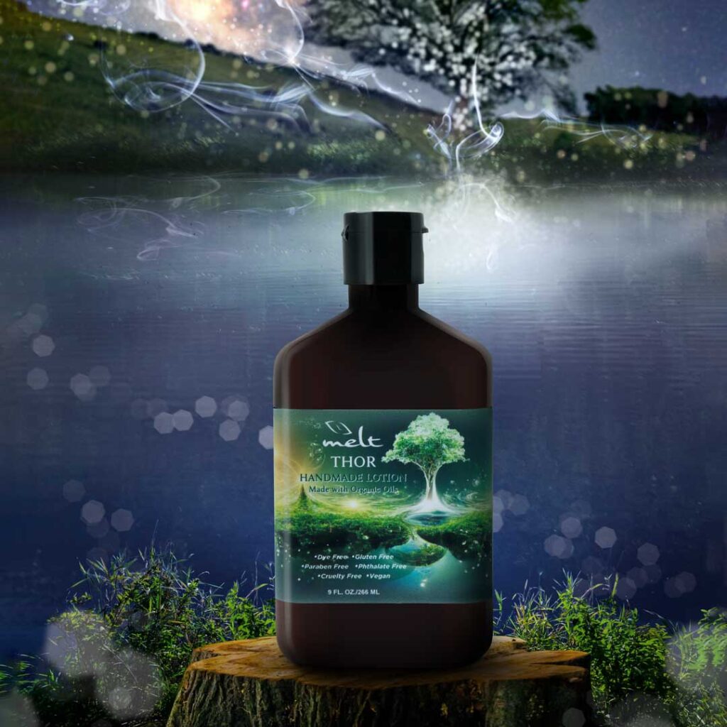 High end composite of lotion bottle in evening lake scene similar to the label.