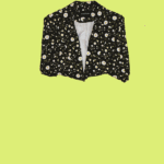 Stop motion gif of designer blazer unfolding and flowers dancing around it.