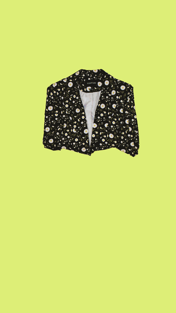 stop motion gif of designer blazer unfolding and flowers dancing