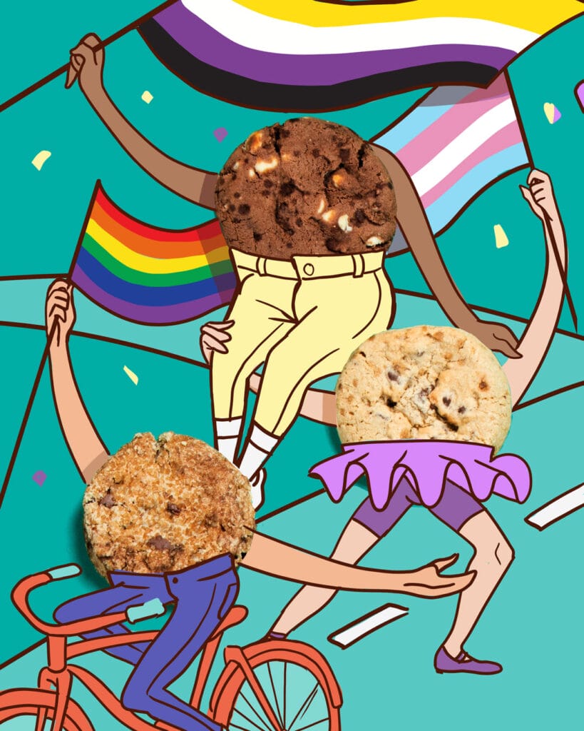 Product shot of Wunderkek cookies with illustrated bodies holding various pride flags as though on parade.