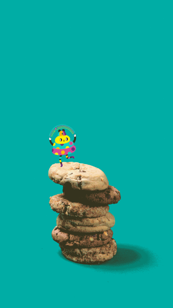 Stop motion gif of illustrated character dancing on cookie stack.