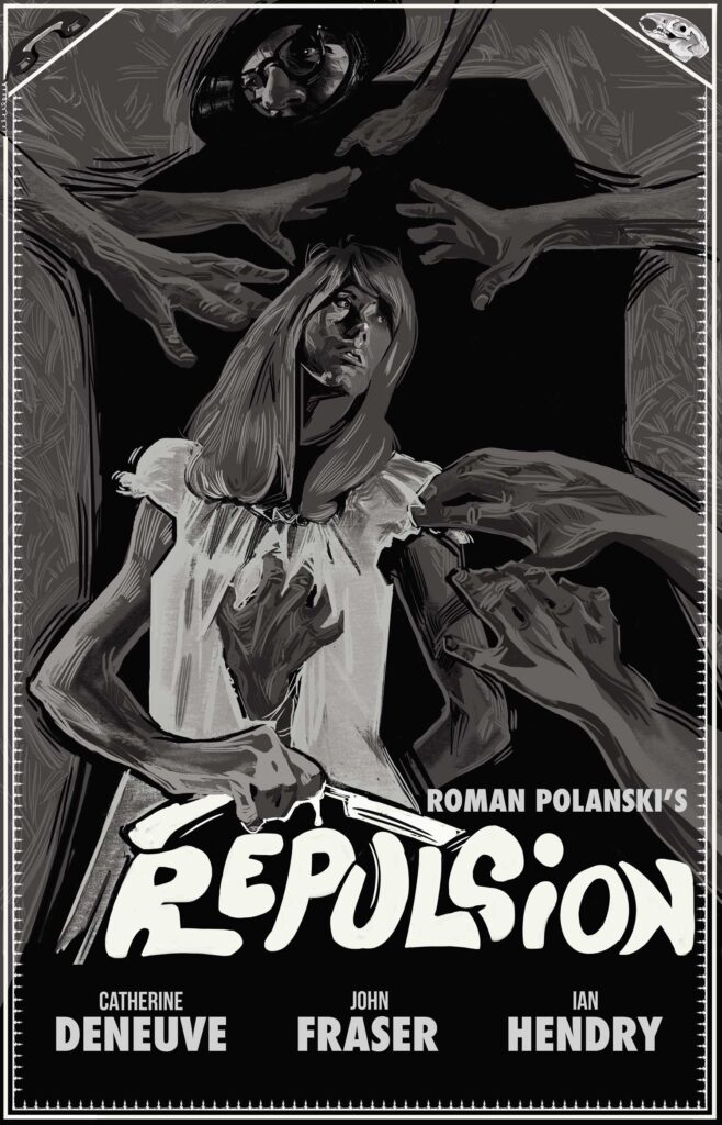 "Repulsion" horror movie poster featuring woman in anguish.