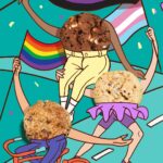 Product shot of Wunderkek cookies with illustrated bodies holding various pride flags as though on parade.
