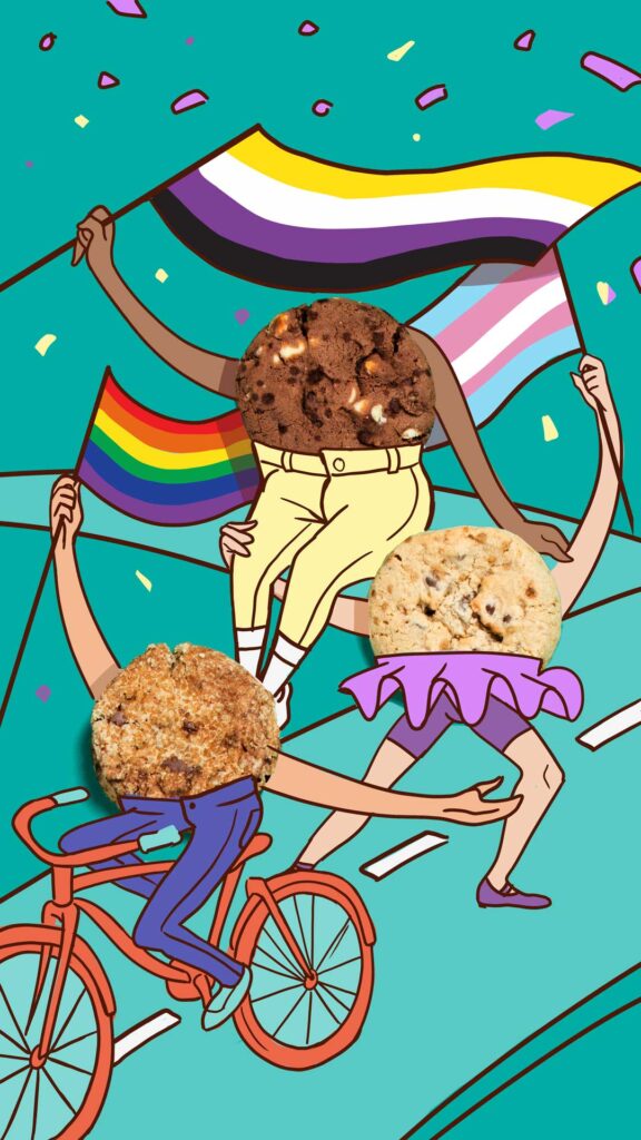 Product shot of Wunderkek cookies with illustrated bodies holding various pride flags as though on parade.