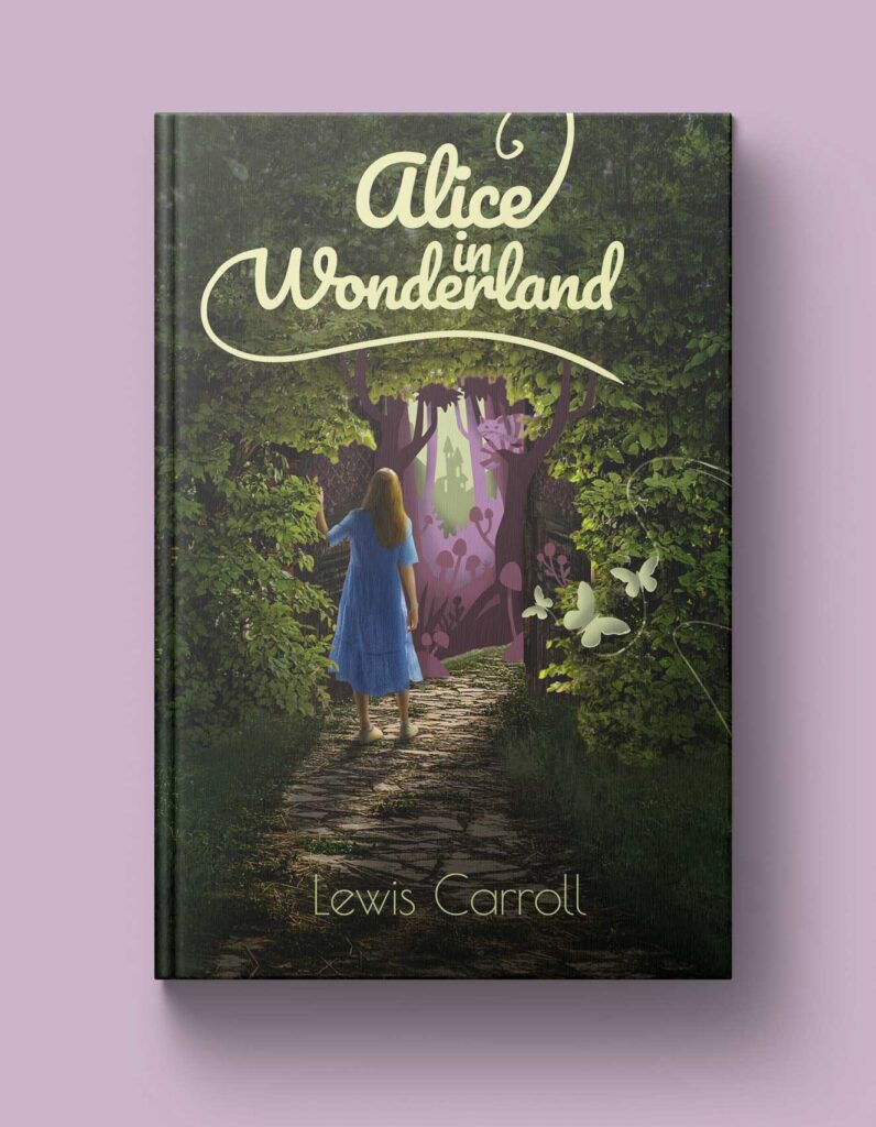 "Alice in Wonderland" book cover featuring a photo composite of a forest and gate opened by a girl in a blue dress to reveal a magical illustrated scene in purple.