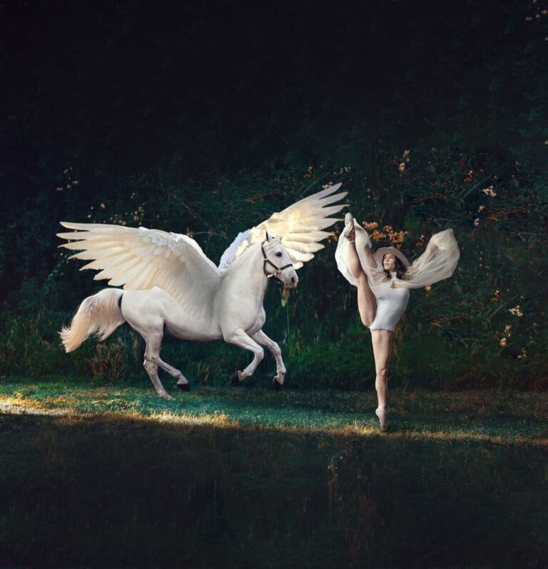 High end composite of a Ballet dancer in a forest dancing with a pegasus.