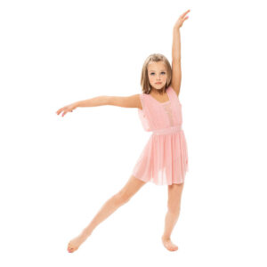 Lyrical dancer posed in lunge pointed side with arms in an "L" shape, one over head one to the side.