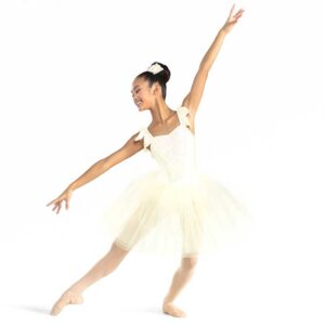 Ballet dancer posed in a plié tendu side and diagonal arms.