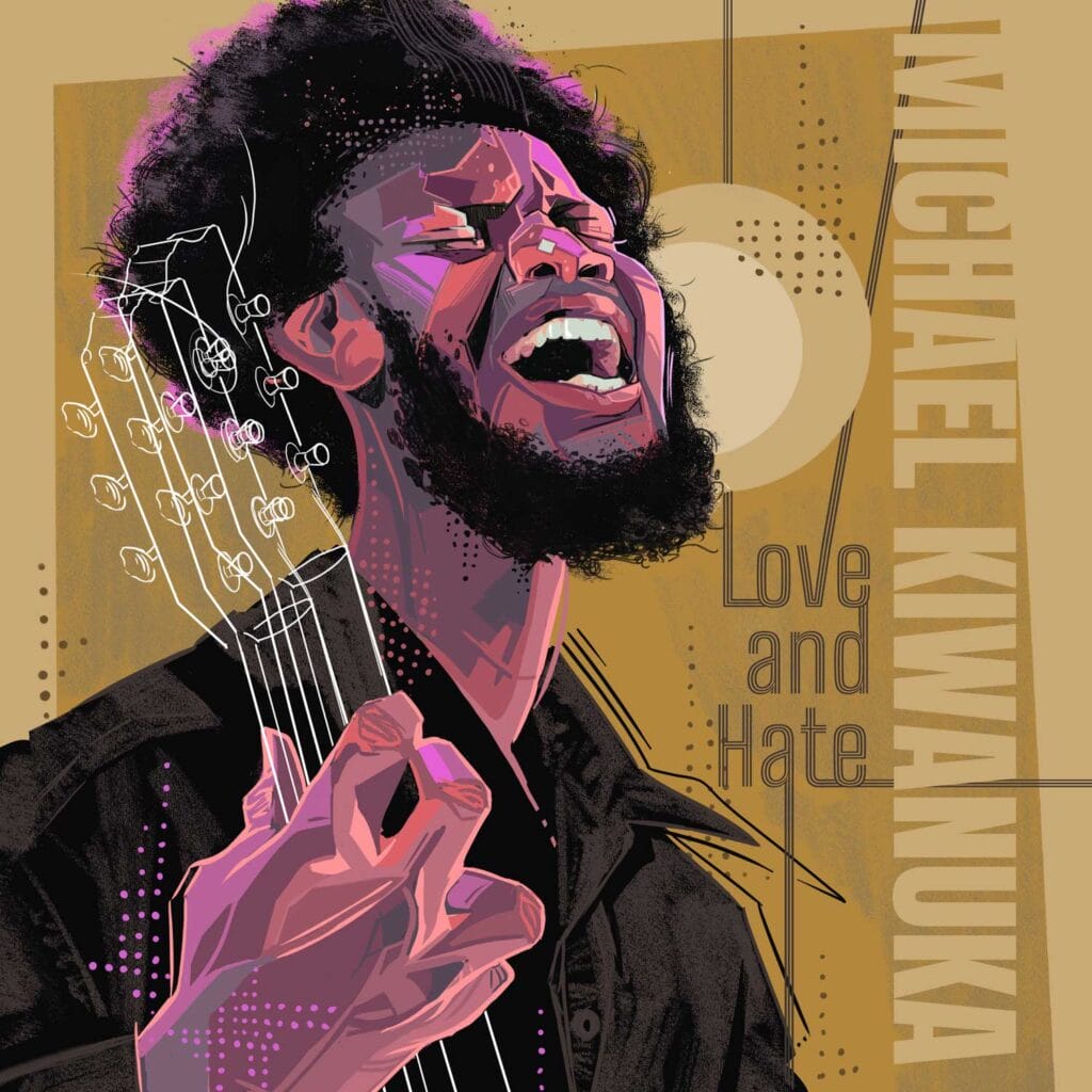 Michael Kiwanuka album fan art, featuring him in an illustrated graphic singing and playing guitar.