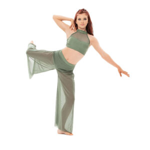 Contemporary dancer posed with front leg bent and back foot in attitude, one arm bent at shoulder and other outstretched.