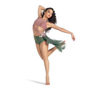 Lyrical dancer posed with one foot flicked behind, one hand on head and one stretched out.