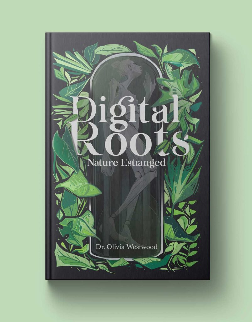 "Digital Roots" book cover featuring a graphic of a mechanical figure in a glass jar surrounded by plants.