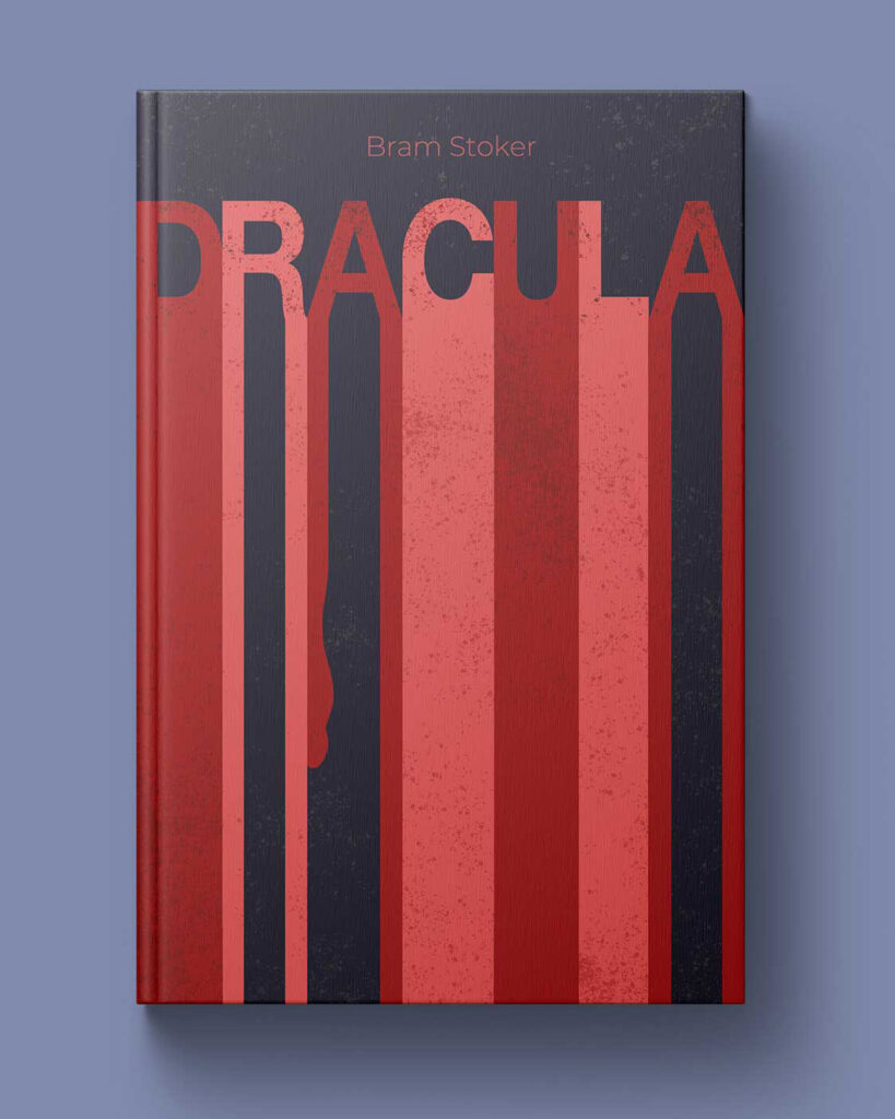 Dracula book cover designed in all red text with blue background