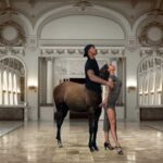 High end composite of centaur salsa dancing with a woman in a beautiful ballroom.