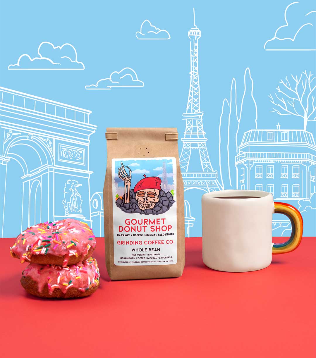 ecommerce product photo of grinding coffee bag with paris illustrated behind