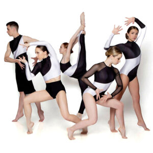 Group of modern dancers all posed facing away from the center.
