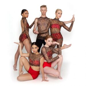 Group of jazz dancers posed in a tier, all different poses.