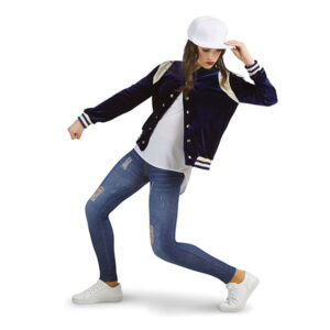 Hip hop dancer posed in bent lunge, leaning back. They have a fist outstretched in front and one on their hat as they look behind them.