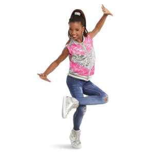 Hip hop dancer posed with one foot bent over opposite knee and arms pressing to the sides.