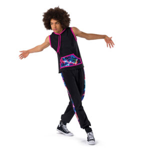 Hip hop dancer posed mid-top rock with one foot forward and arms pressed out to sides.