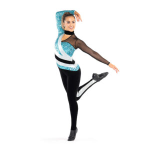 Jazz dancer posed with foot flicked behind and one hand draped over head with one stretched out to the side.