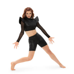 Jazz dancer posed in a deep lunge inverted with jazz hands pressed out to their side.