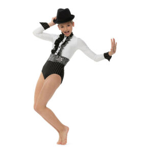 Jazz dancer posed in a forced arch with one hand on hat and one flexed to the side.