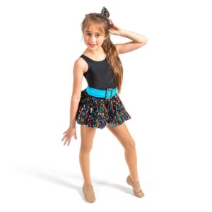 Young dancer posed with one foot popped, one hand behind their head and one reaching downward.