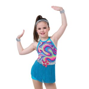 child in psychedelic dance costume holding dance pose