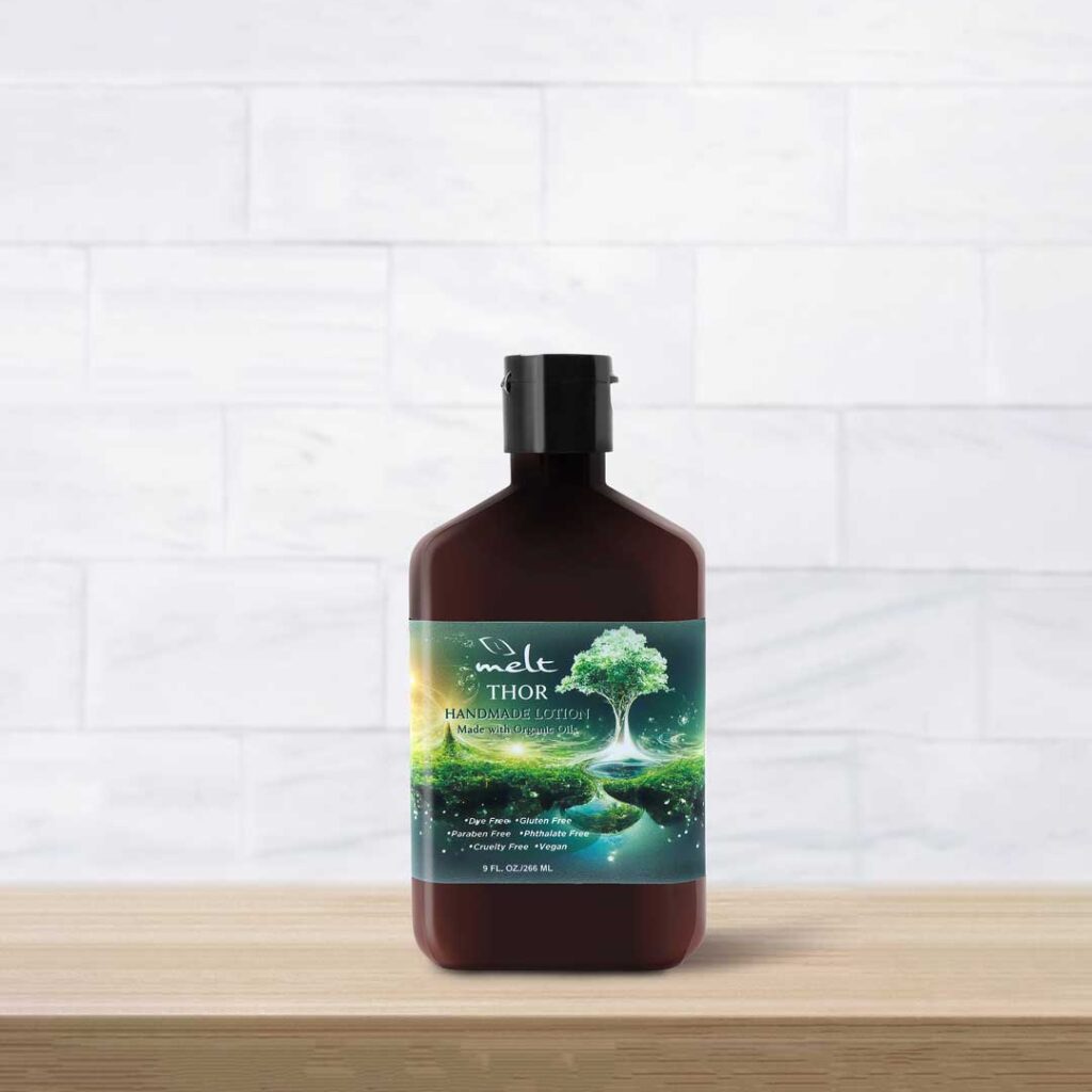 Product photography composite of lotion bottle on wooden table in front of tile.