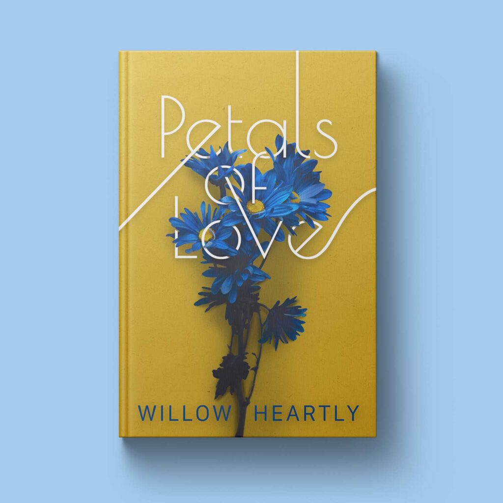 "Petals of Love" book cover sample featuring beautiful typography lacing in and out of blue flowers on a yellow book cover.