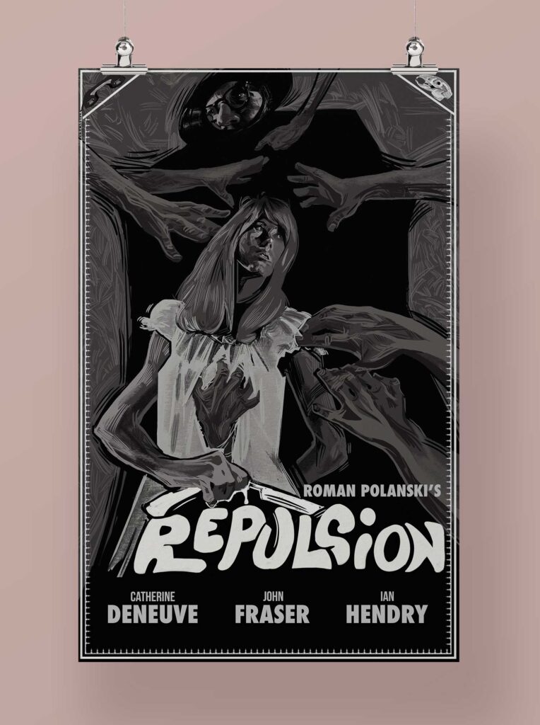 "Repulsion" horror movie poster featuring woman in anguish.