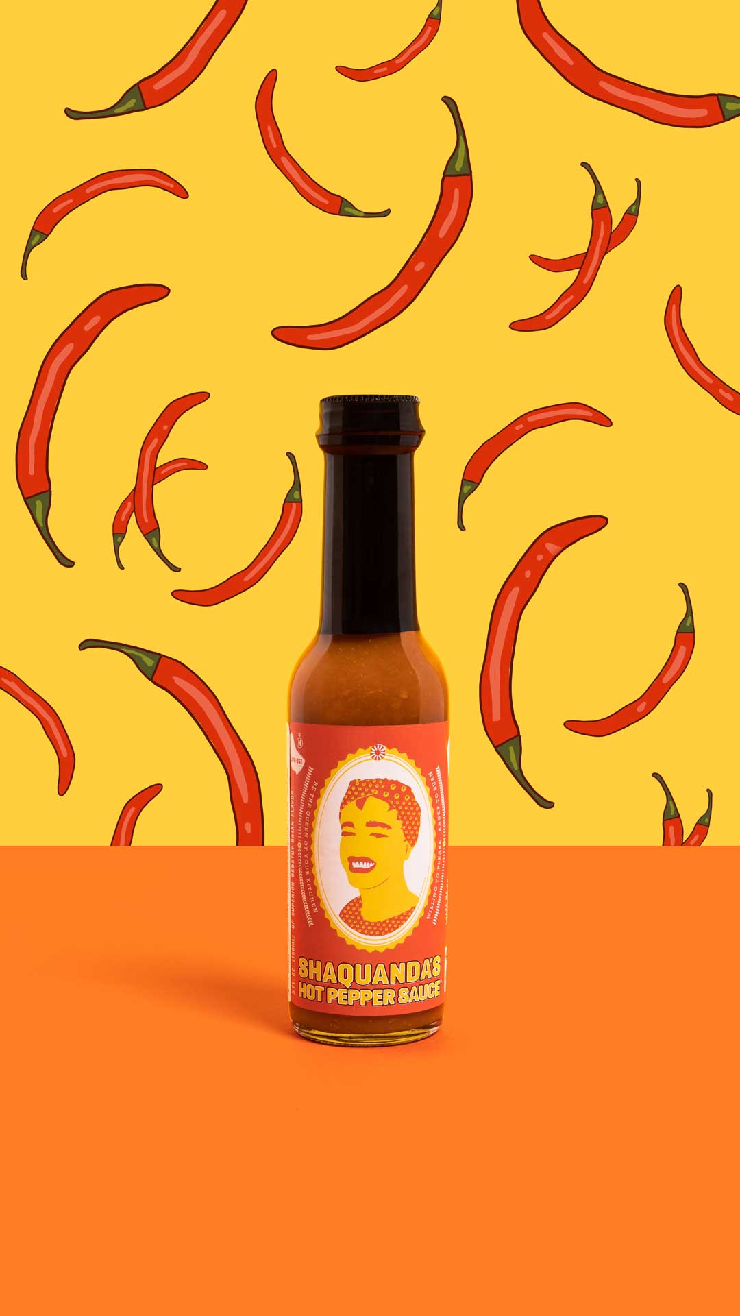 Ecommerce product shot of shaquandas hot sauce with red pepper pattern illustrated behind it