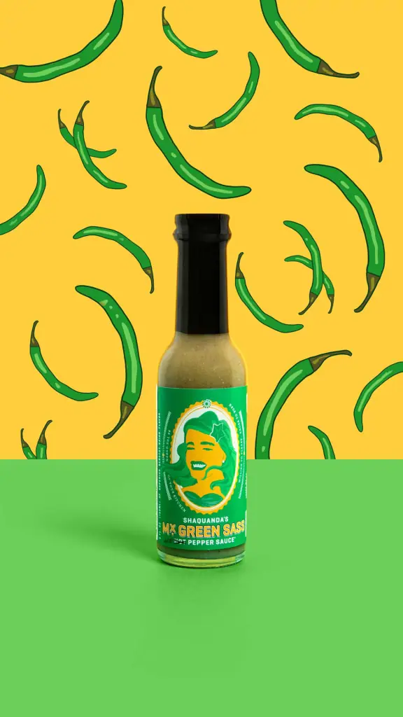 E-commerce product shot of Shaquanda's hot sauce with green pepper pattern illustrated behind it.