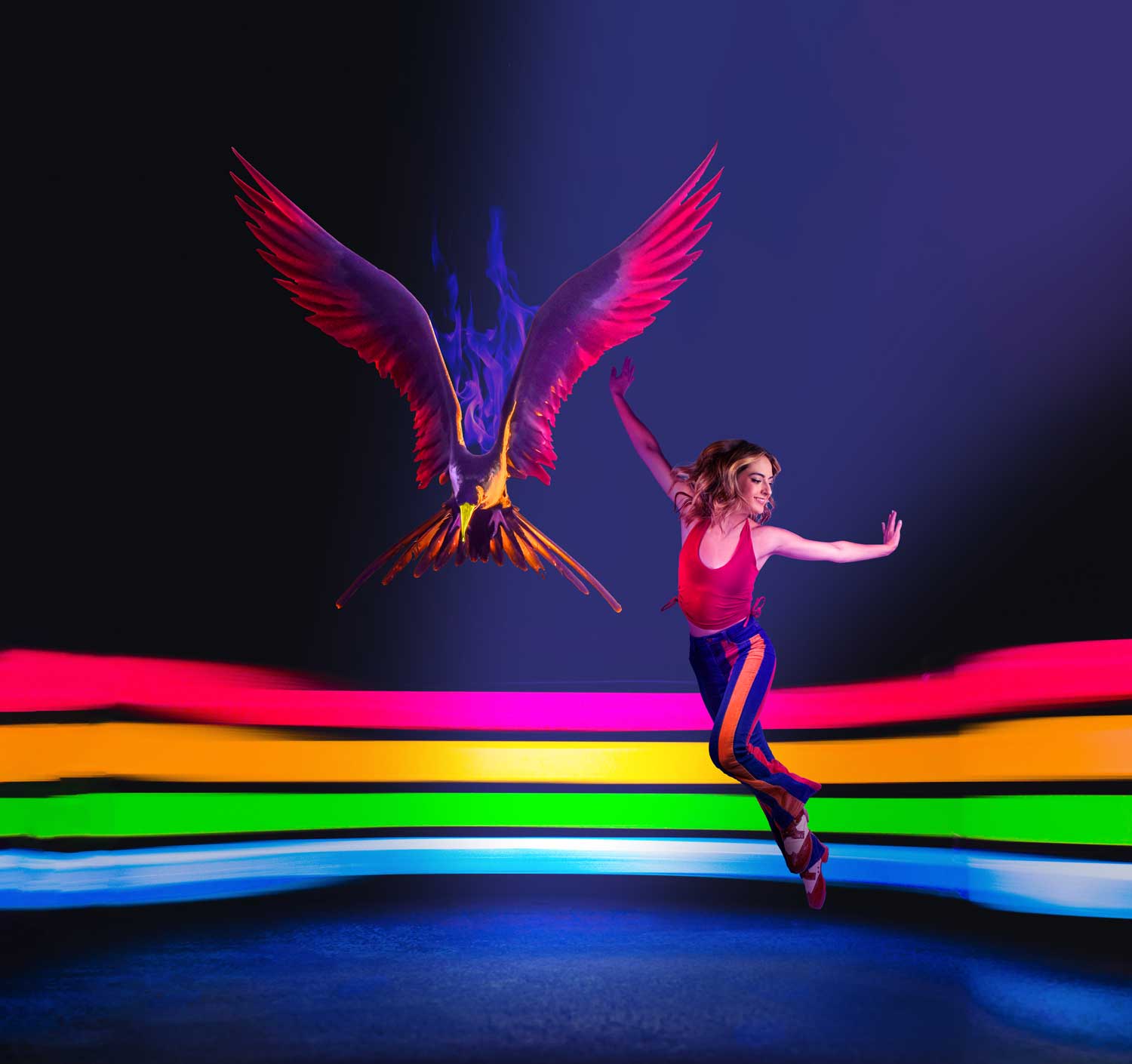 Dance poster of tap dancer and phoenix with rainbow lights background.