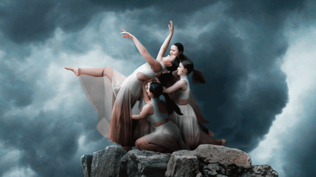 Photography performance art featuring a composite of dancers on the edge of a cliff with a lightning storm in the background.