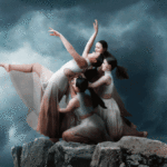 Photography performance art featuring a composite of dancers on the edge of a cliff with a lightning storm in the background.