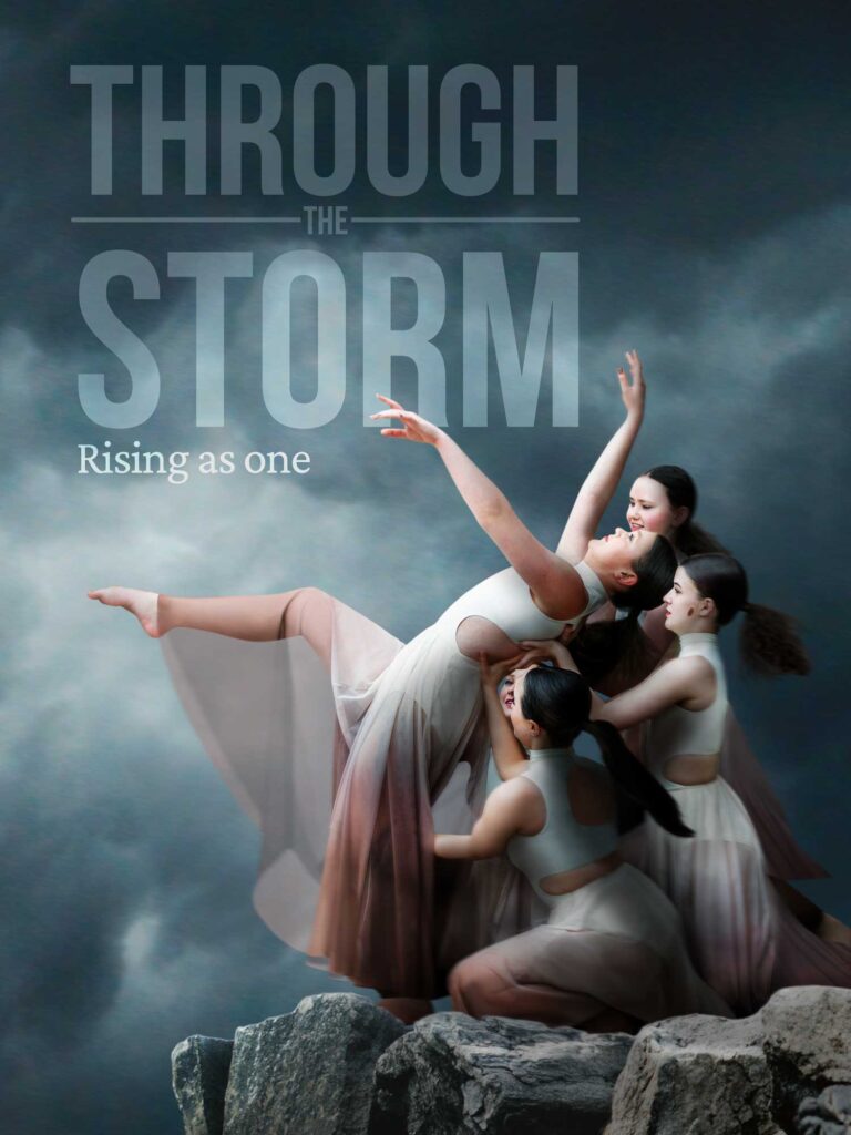 "Through the Storm" poster featuring a composite of dancers on the edge of a cliff.